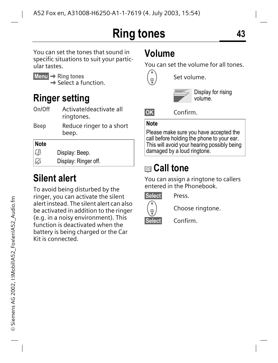 Ring tones, Ringer setting, Silent alert | Volume, Call tone | Siemens A52 User Manual | Page 44 / 81
