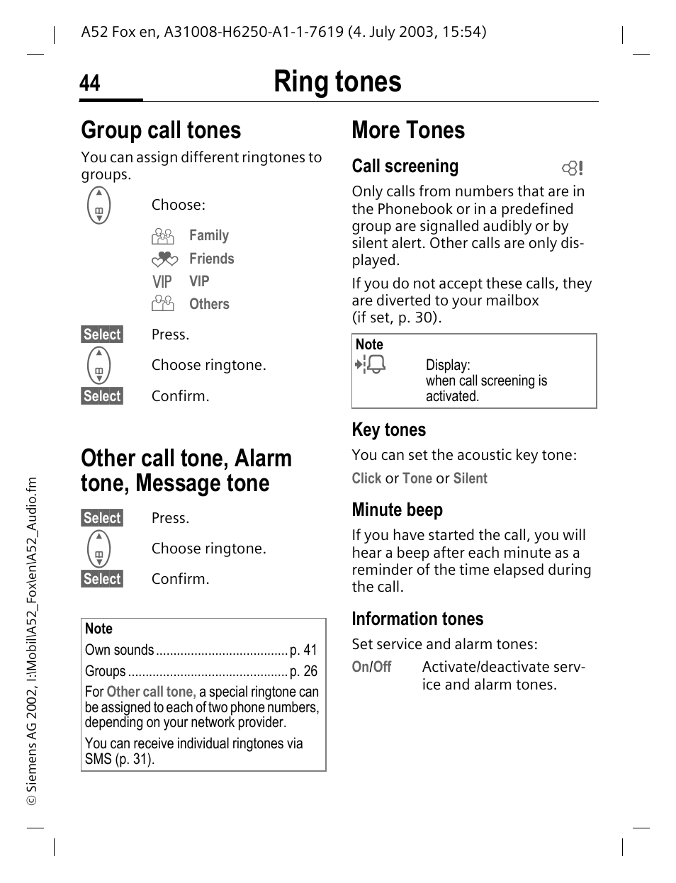 Ring tones, Group call tones, Other call tone, alarm tone, message tone | More tones | Siemens A52 User Manual | Page 45 / 81