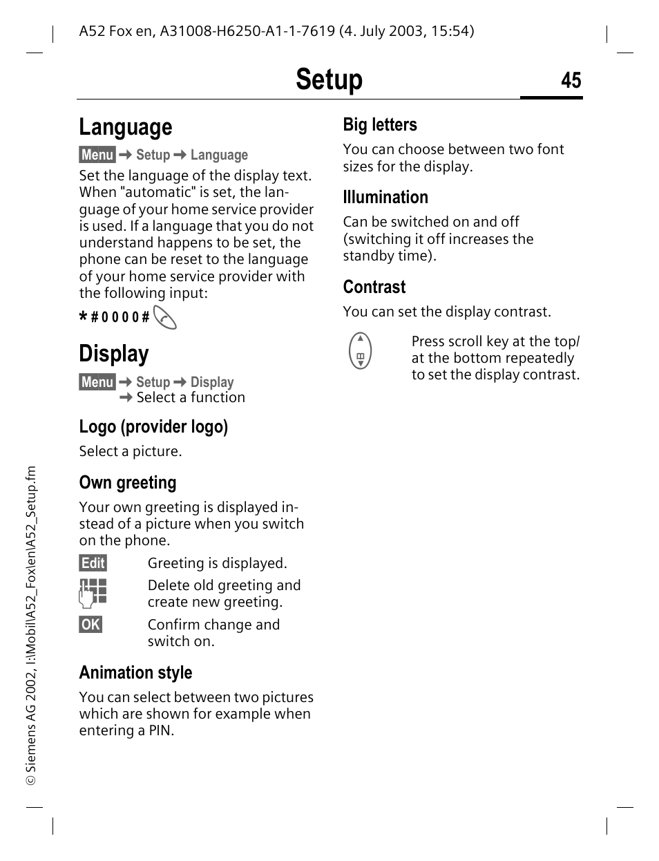 Setup, Language, Display | P. 45, P. 45) th, Name (p. 45) | Siemens A52 User Manual | Page 46 / 81