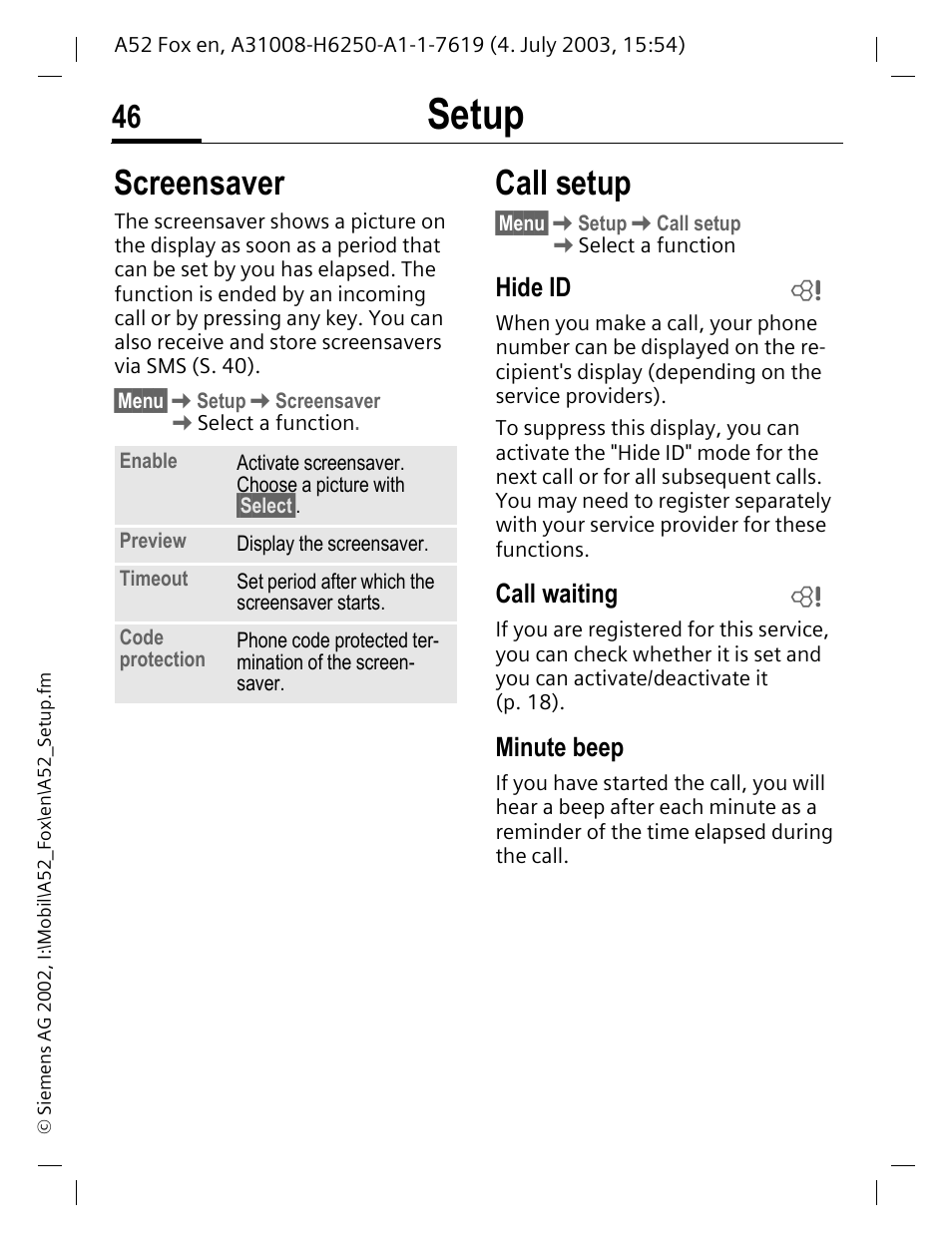 Screensaver, Call setup, Screensaver call setup | P. 46, Screensaver (p. 46), Setup, Hide id, Call waiting, Minute beep | Siemens A52 User Manual | Page 47 / 81