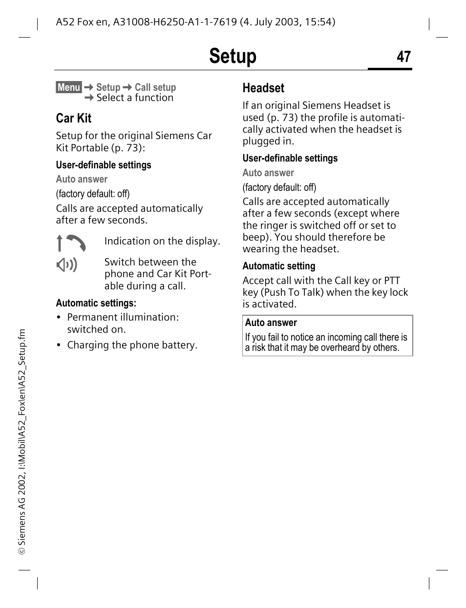 Setup, Car kit, Headset | Siemens A52 User Manual | Page 48 / 81