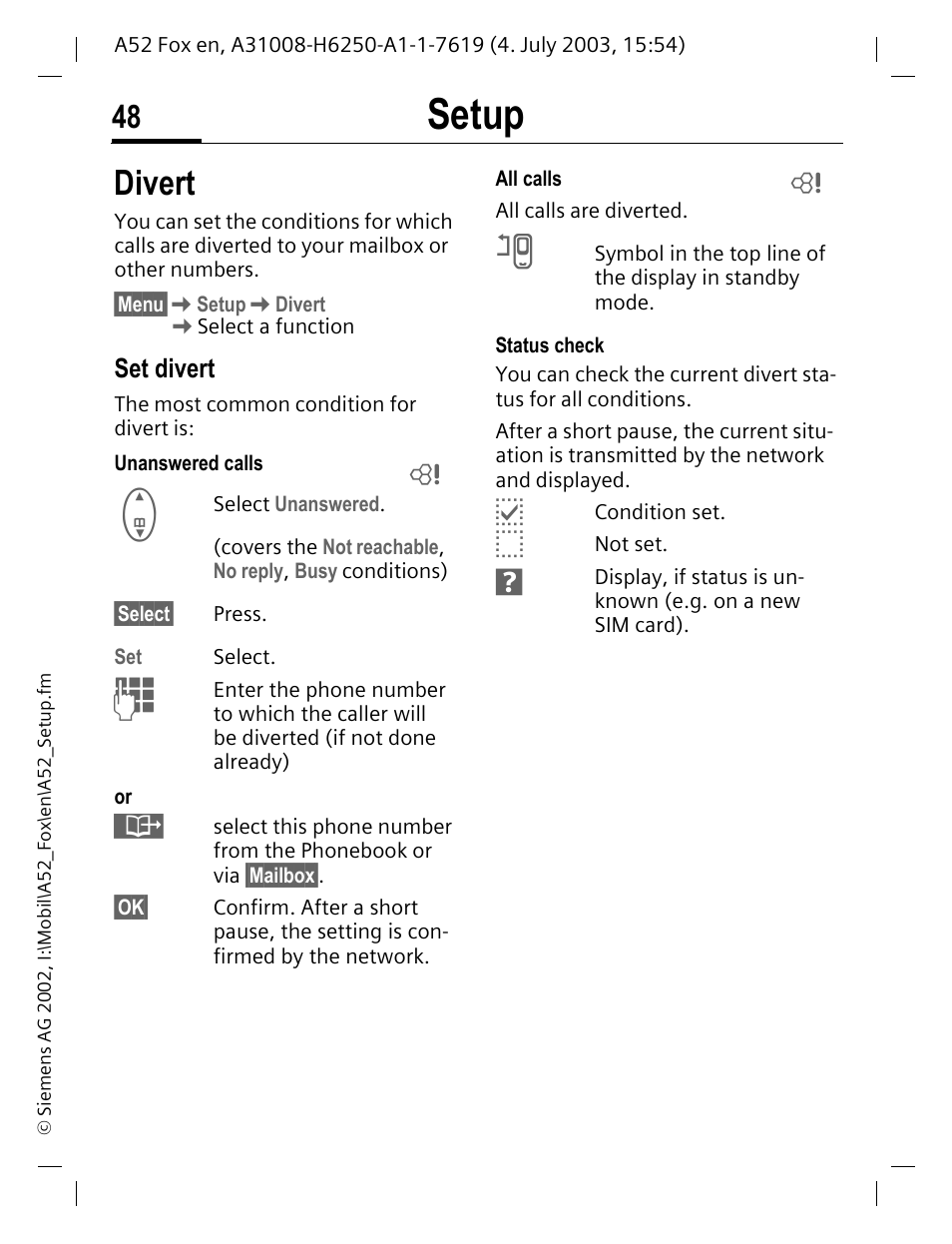 Divert, P. 48, Setup | Siemens A52 User Manual | Page 49 / 81