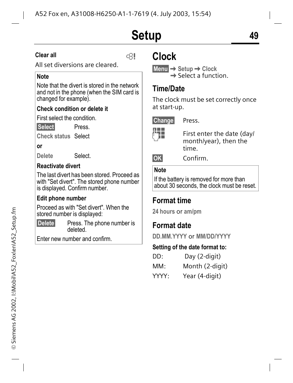 Clock, P. 49, Setup | Time/date, Format time, Format date | Siemens A52 User Manual | Page 50 / 81