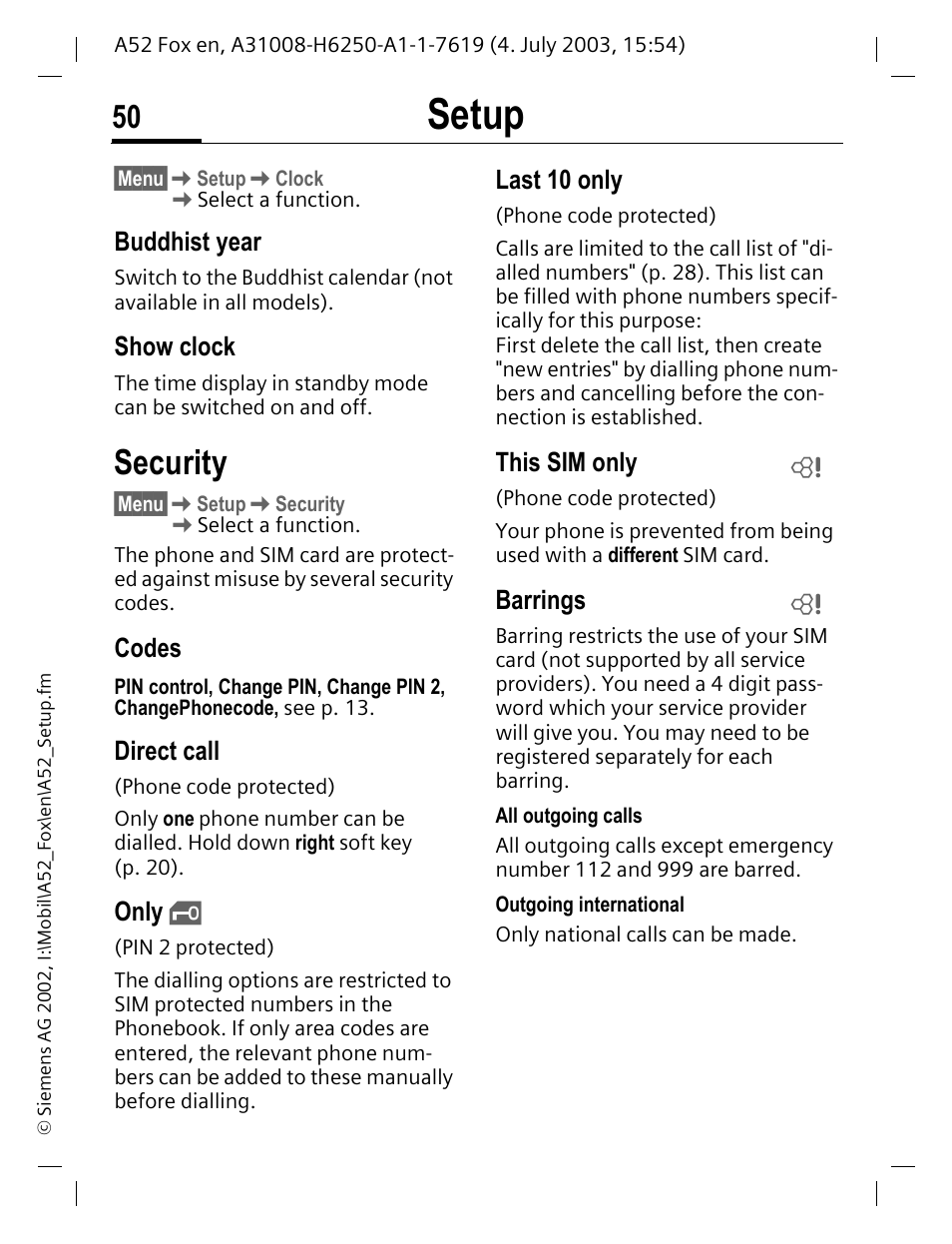 Security, P. 50, Setup | Buddhist year, Show clock, Codes, Direct call, Only, Last 10 only, This sim only | Siemens A52 User Manual | Page 51 / 81