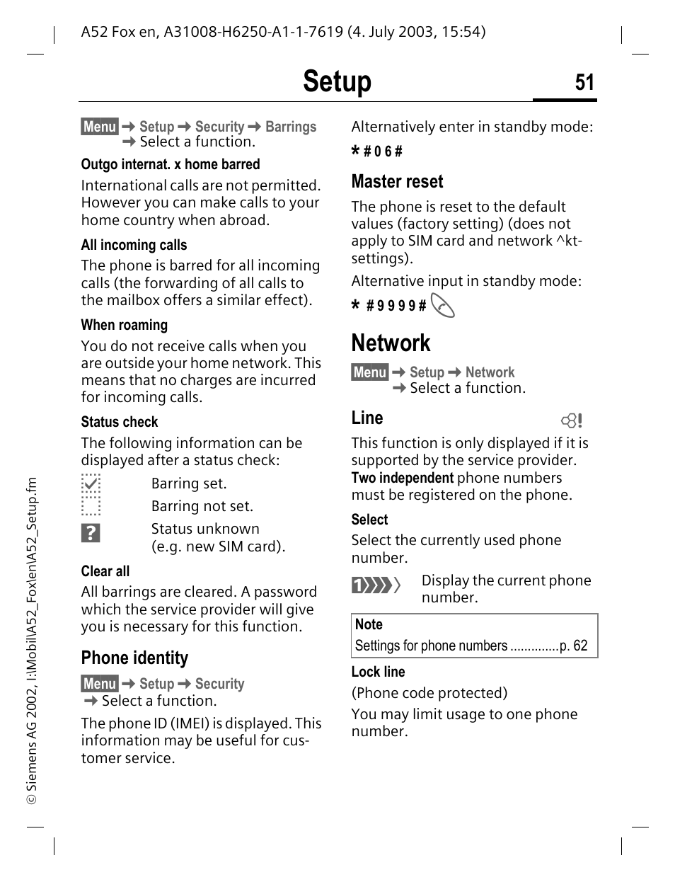 Network, Setup | Siemens A52 User Manual | Page 52 / 81