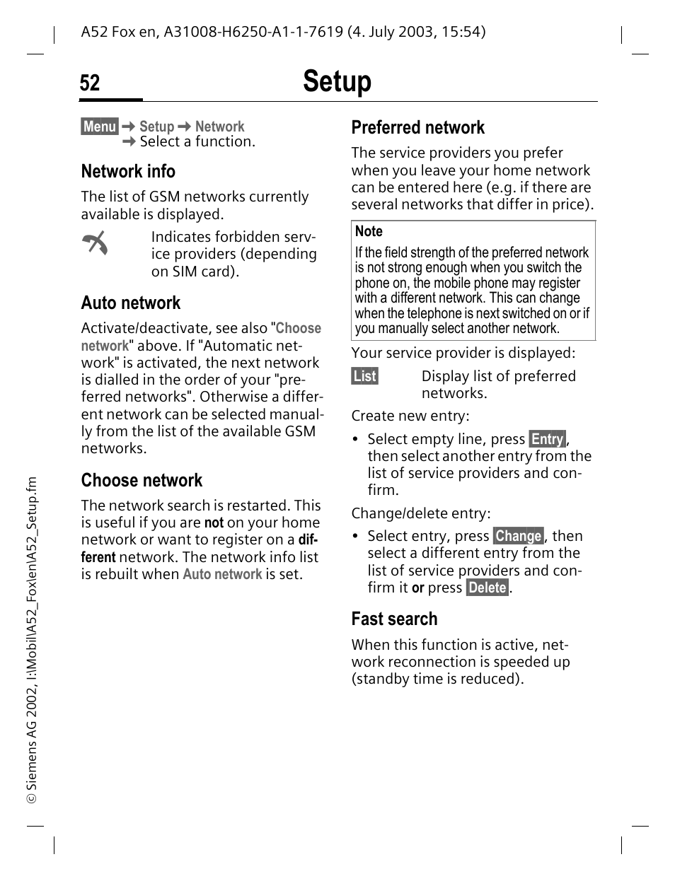 P. 52, Setup, Network info | Auto network, Choose network, Preferred network, Fast search | Siemens A52 User Manual | Page 53 / 81