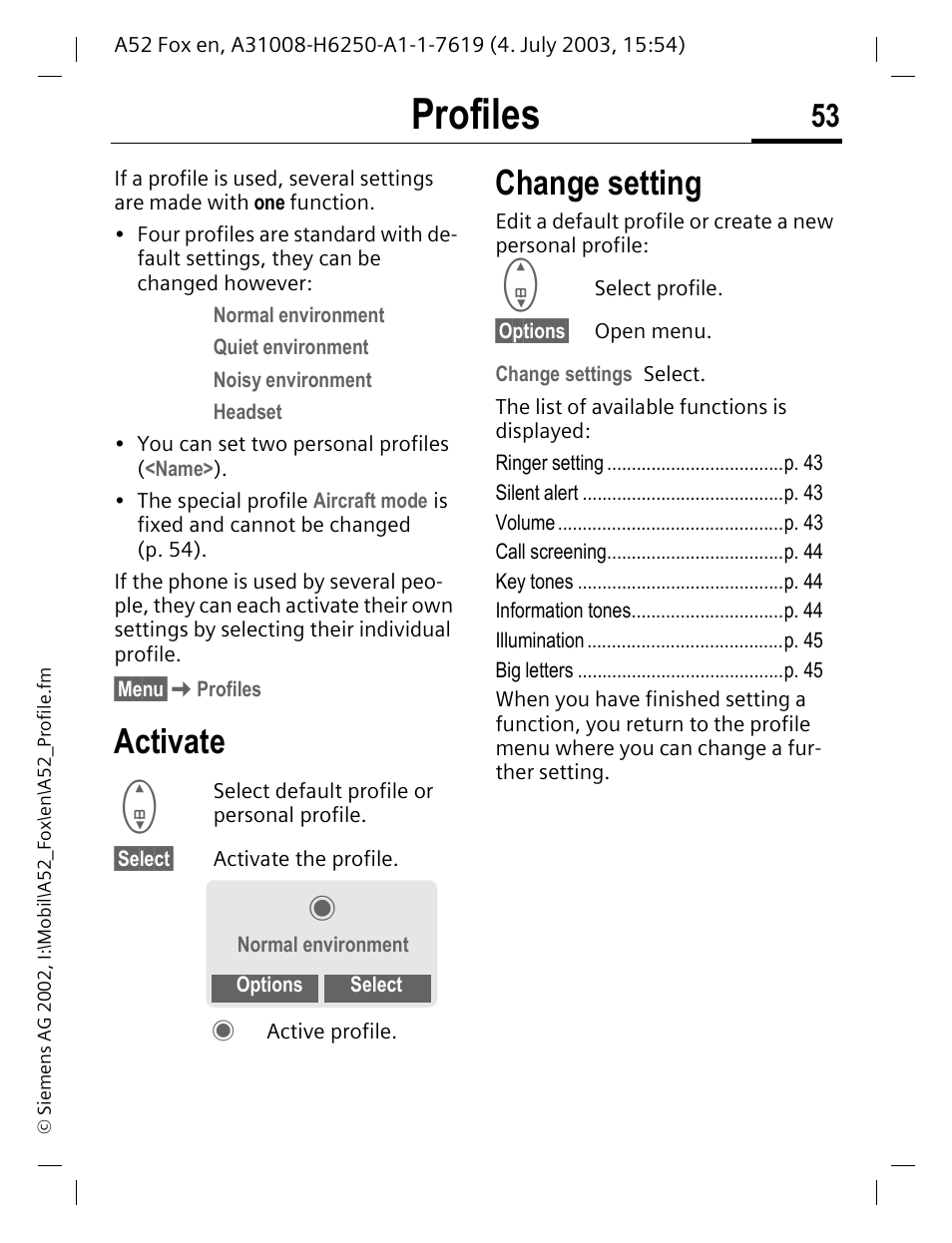 Profiles, Change setting, Activate | Siemens A52 User Manual | Page 54 / 81