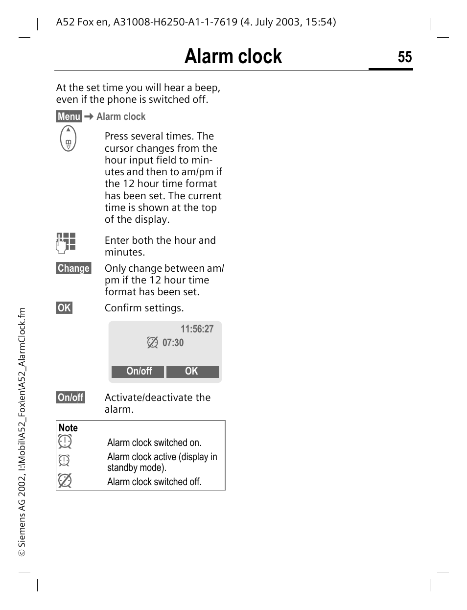 Alarm clock | Siemens A52 User Manual | Page 56 / 81