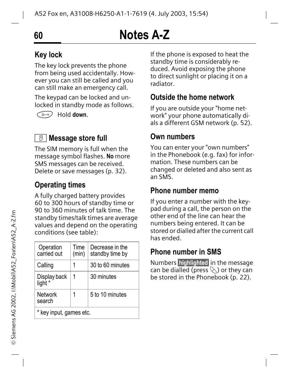 Key lock, P. 60, Message store full | Operating times, Outside the home network, Own numbers, Phone number in sms | Siemens A52 User Manual | Page 61 / 81