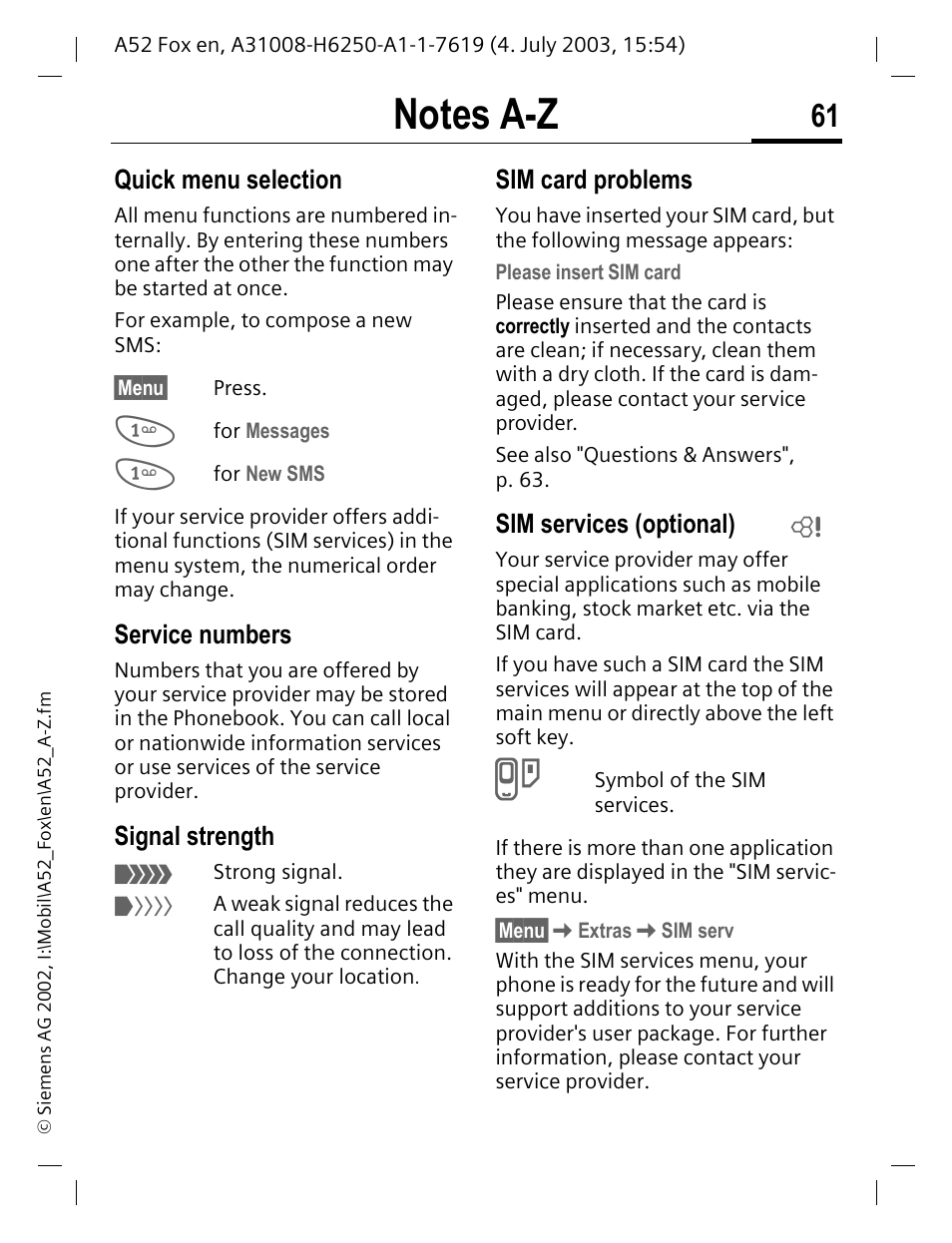 Signal strength, P. 61, Sim services (optional) | Quick menu selection, Service numbers, Sim card problems | Siemens A52 User Manual | Page 62 / 81