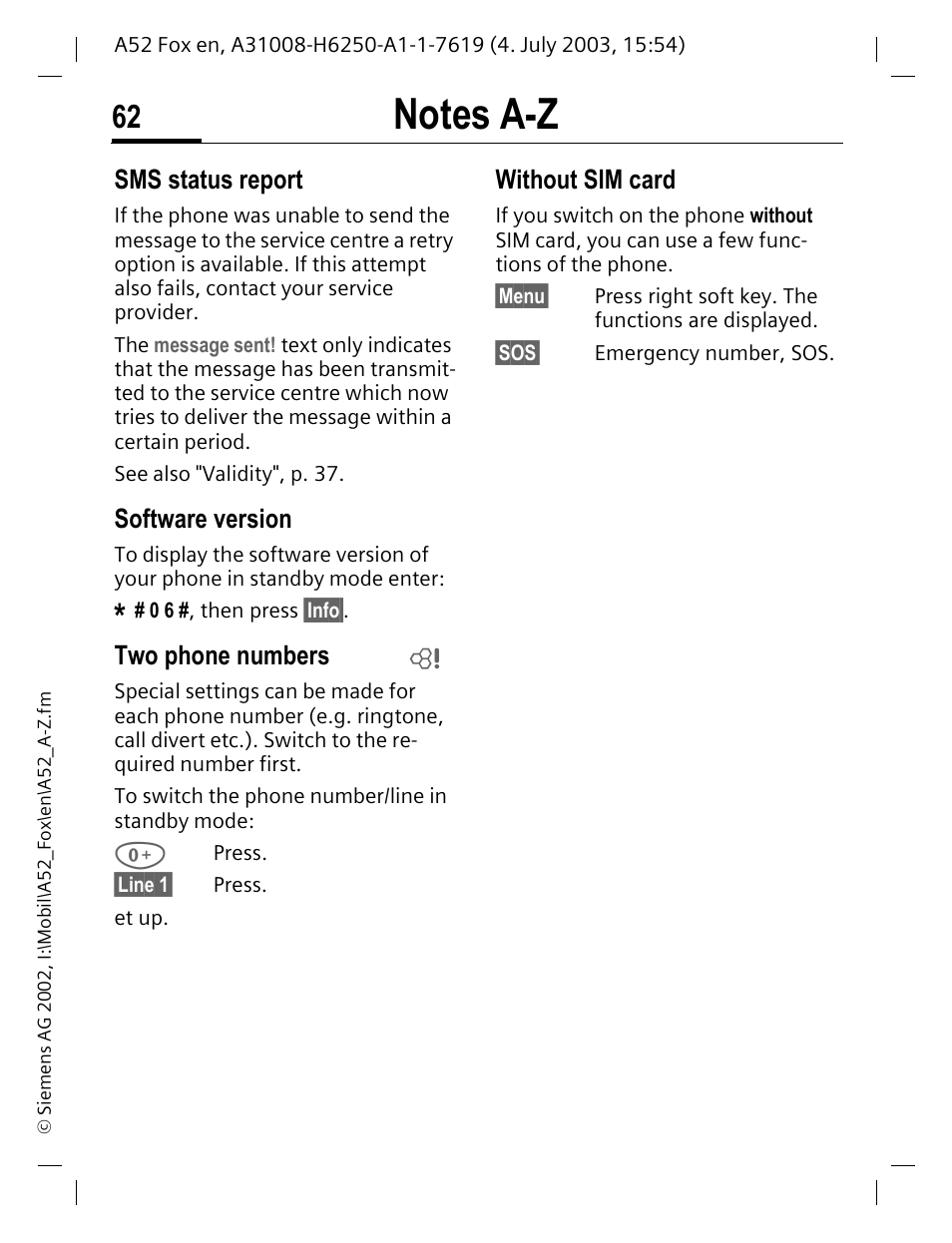 Sms status report, P. 62, Software version | Two phone numbers, Without sim card | Siemens A52 User Manual | Page 63 / 81