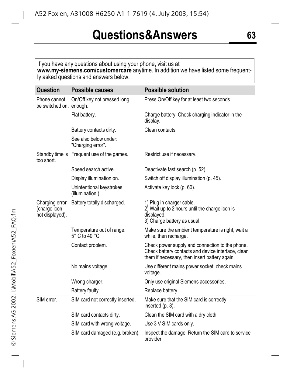 Questions&a nswers, Questions&answers | Siemens A52 User Manual | Page 64 / 81