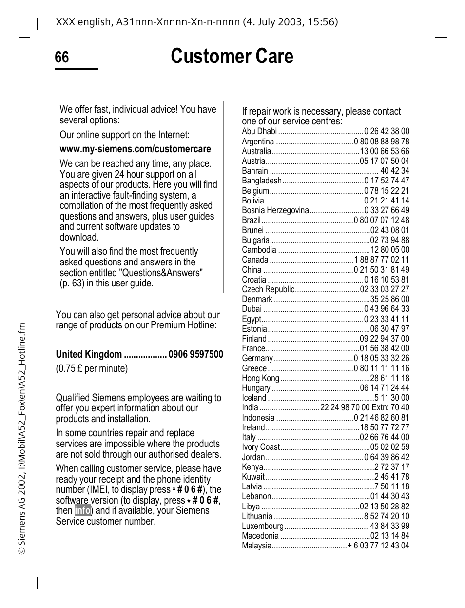 Custom er care, Customer care, E (p. 66) | Siemens A52 User Manual | Page 67 / 81