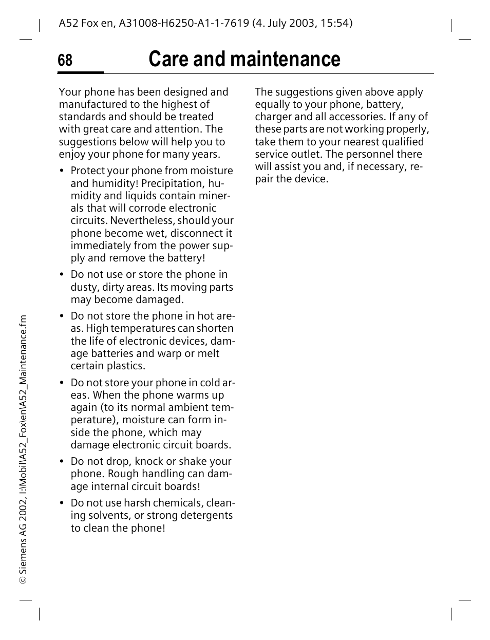 Care and maintenance | Siemens A52 User Manual | Page 69 / 81