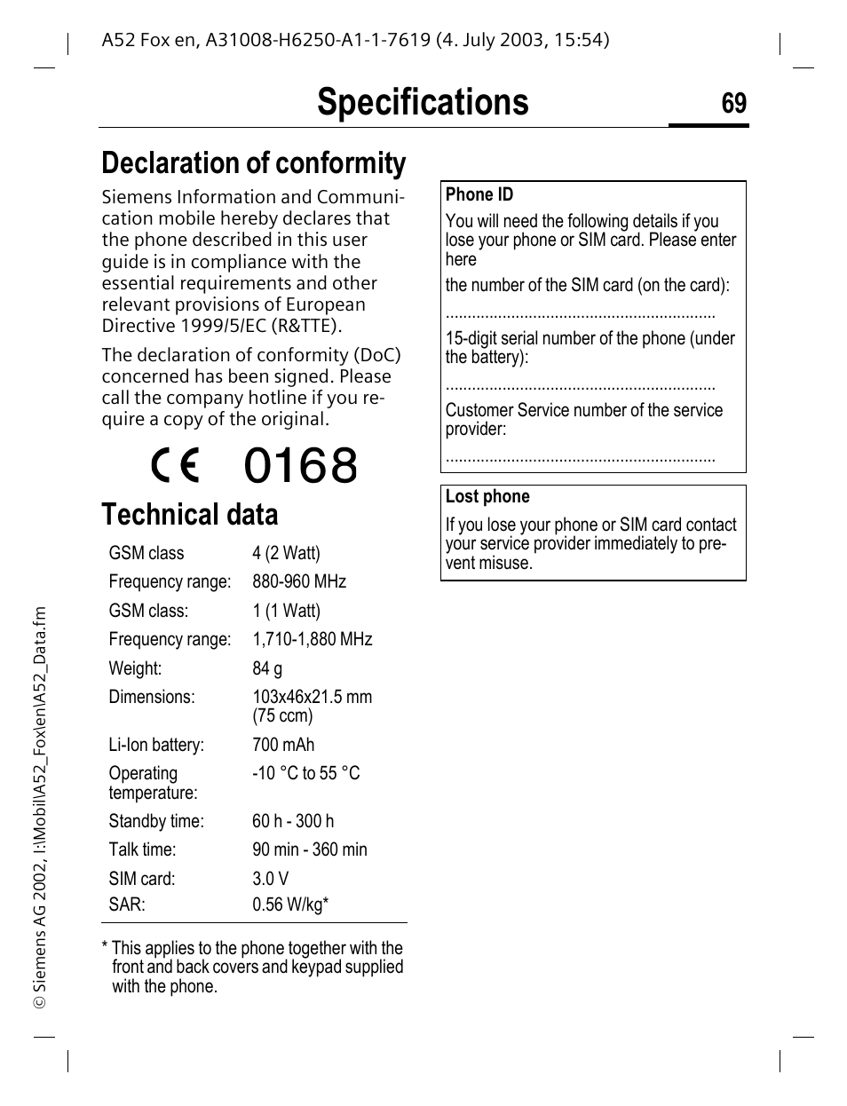 Specifications, Declaration of conformity, Technical data | Siemens A52 User Manual | Page 70 / 81