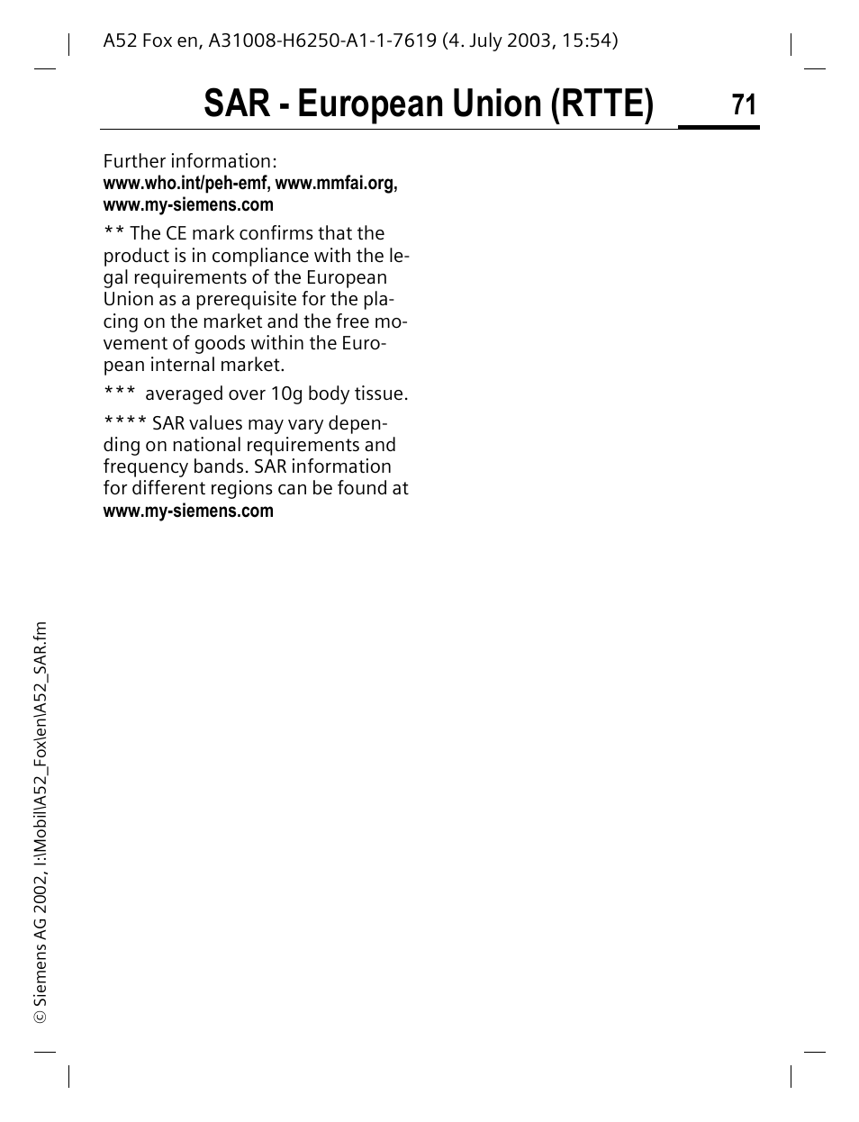 Sar - european union (rtte) | Siemens A52 User Manual | Page 72 / 81