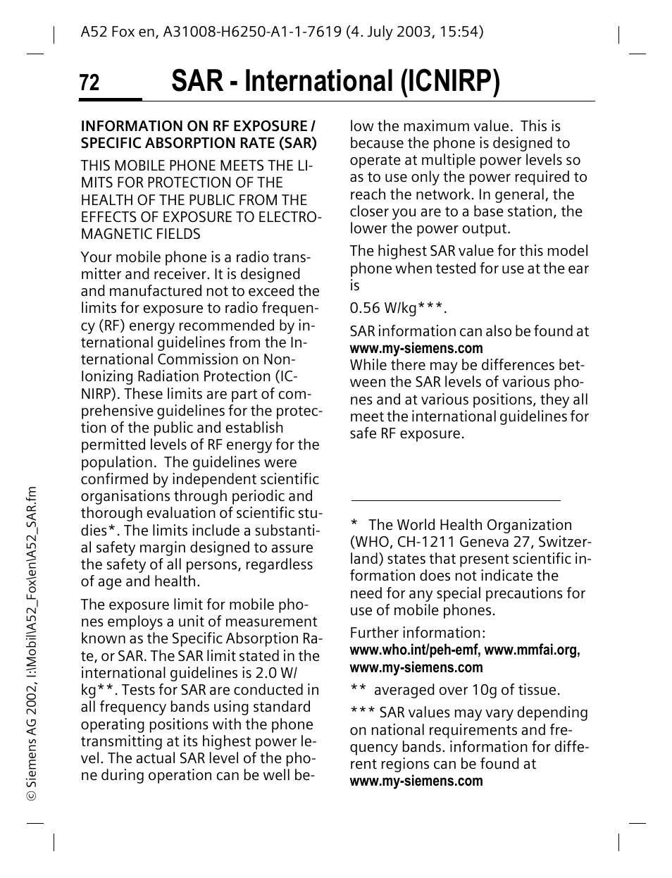 Sar - international (icnirp) | Siemens A52 User Manual | Page 73 / 81