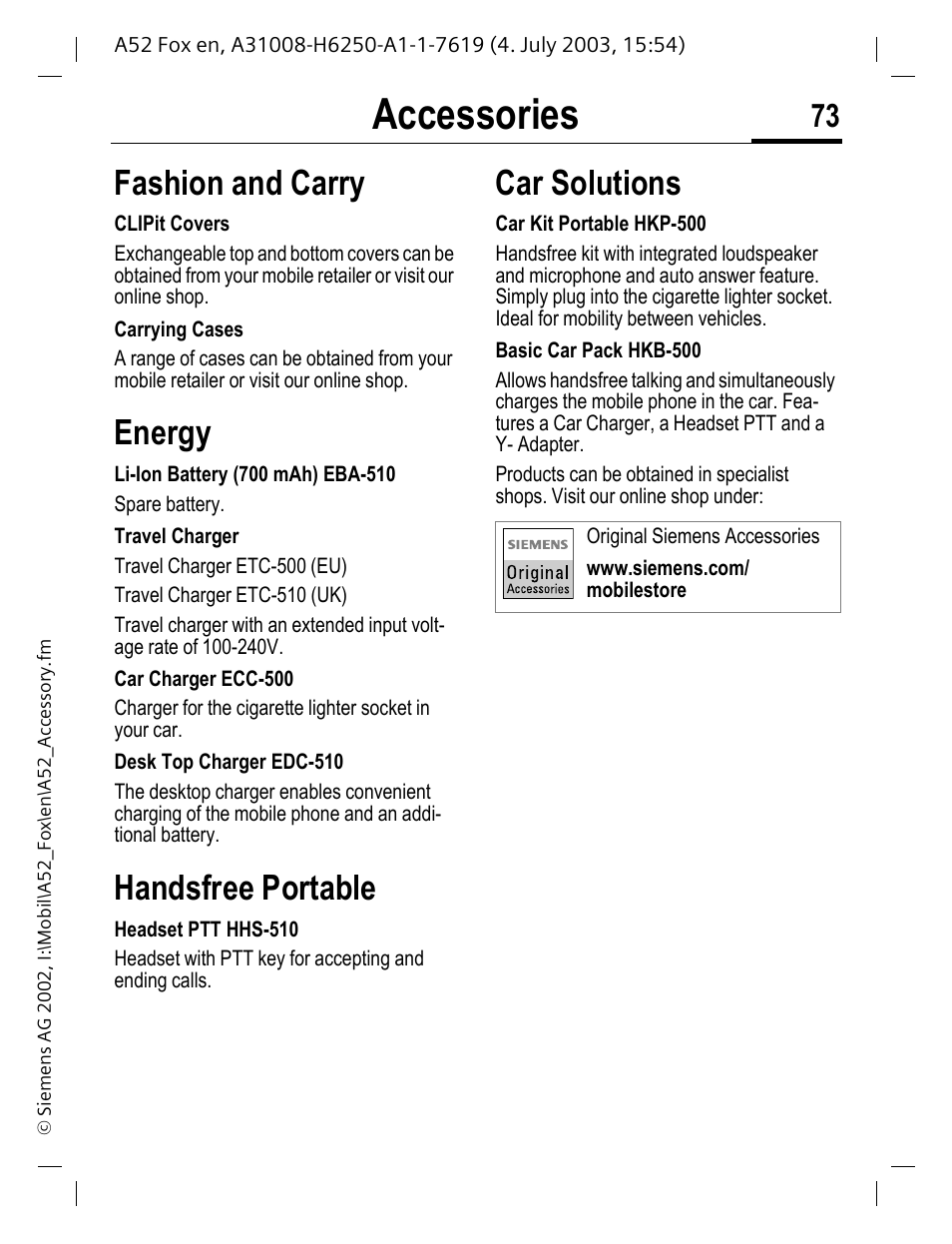 Accessories, Fashion and carry, Energy | Handsfree portable, Car solutions | Siemens A52 User Manual | Page 74 / 81