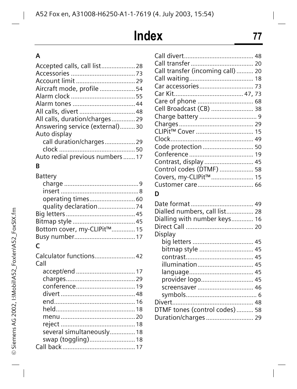 Index | Siemens A52 User Manual | Page 78 / 81