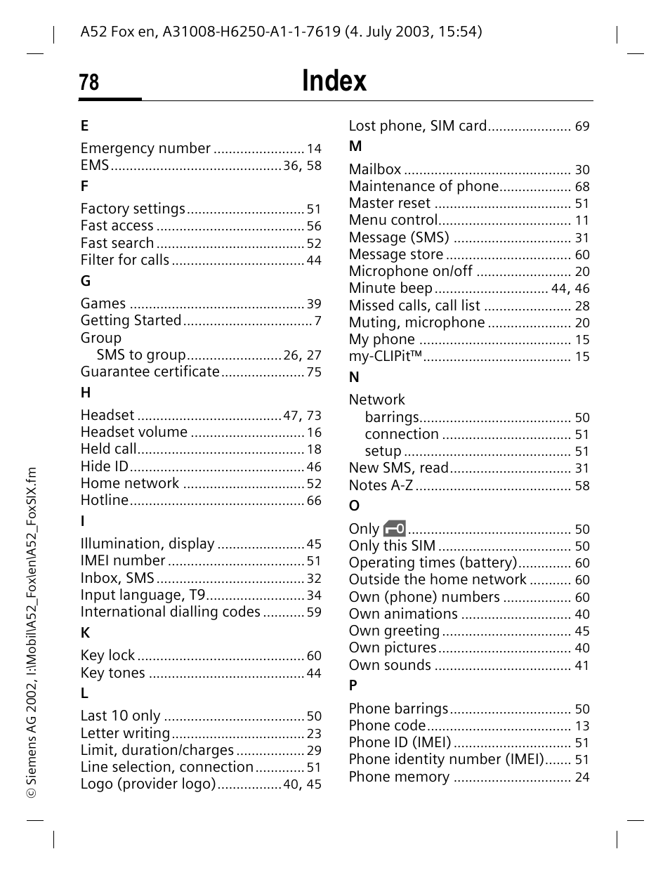 Index | Siemens A52 User Manual | Page 79 / 81