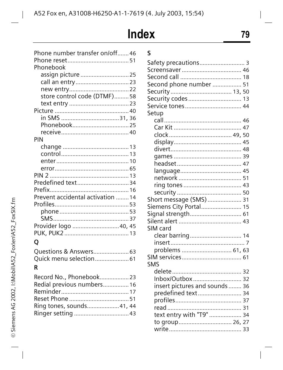 Index | Siemens A52 User Manual | Page 80 / 81