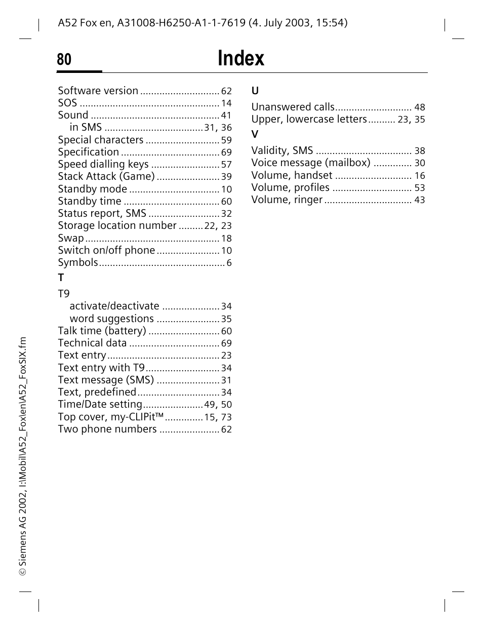 Index | Siemens A52 User Manual | Page 81 / 81