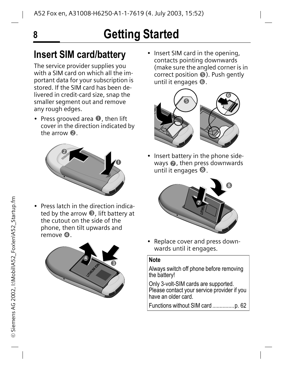 Insert sim card/battery, Getting started | Siemens A52 User Manual | Page 9 / 81