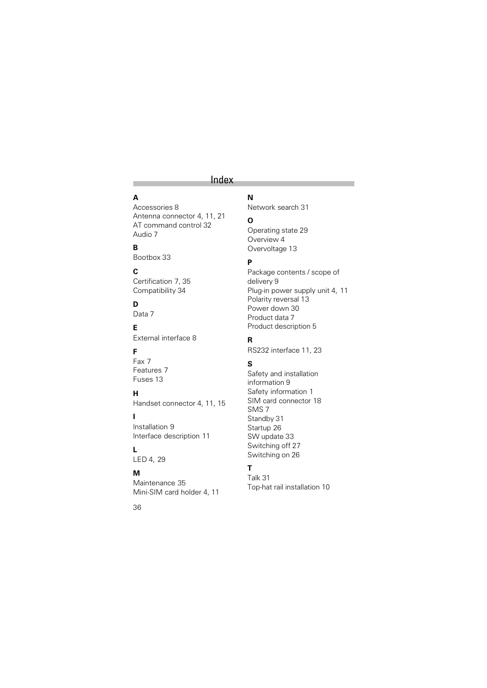 Index | Siemens TC35 User Manual | Page 38 / 39