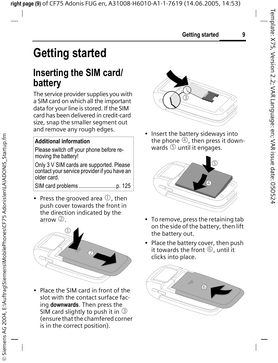 Getting started, Inserting the sim card/ battery, Inserting the sim card/battery | Siemens CF75 User Manual | Page 10 / 150