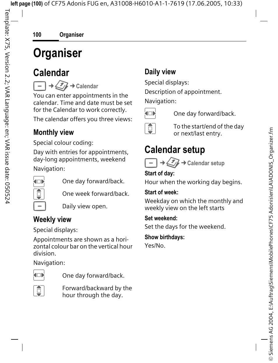 Organiser, Calendar, Calendar setup | Siemens CF75 User Manual | Page 101 / 150