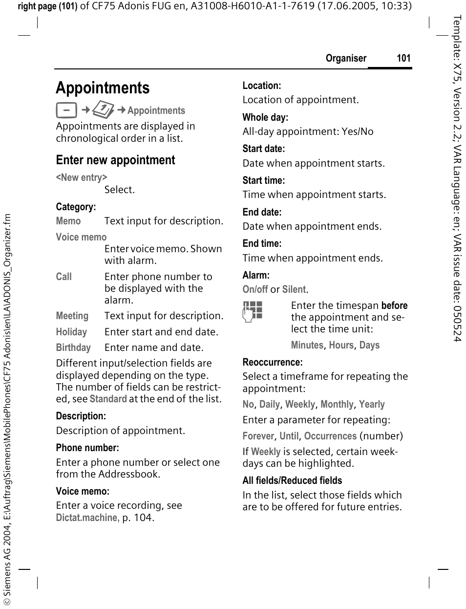 Appointments, Enter new appointment | Siemens CF75 User Manual | Page 102 / 150