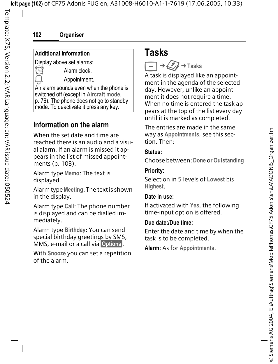 Tasks, Information on the alarm | Siemens CF75 User Manual | Page 103 / 150