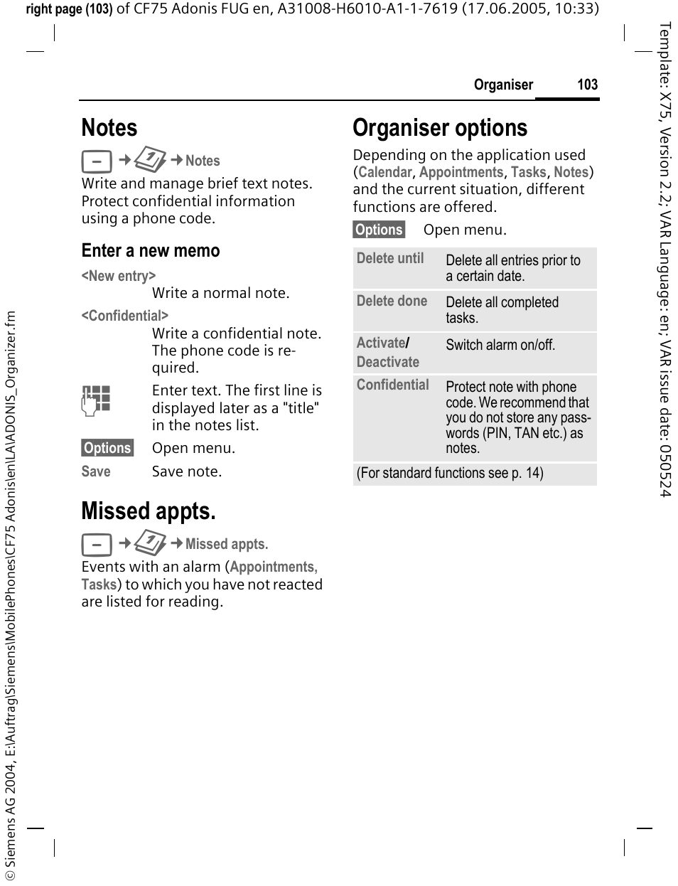 Notes, Missed appts, Organiser options | Siemens CF75 User Manual | Page 104 / 150