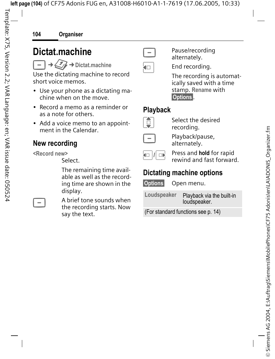 Dictat.machine | Siemens CF75 User Manual | Page 105 / 150