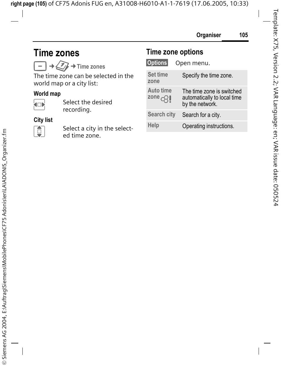 Time zones | Siemens CF75 User Manual | Page 106 / 150