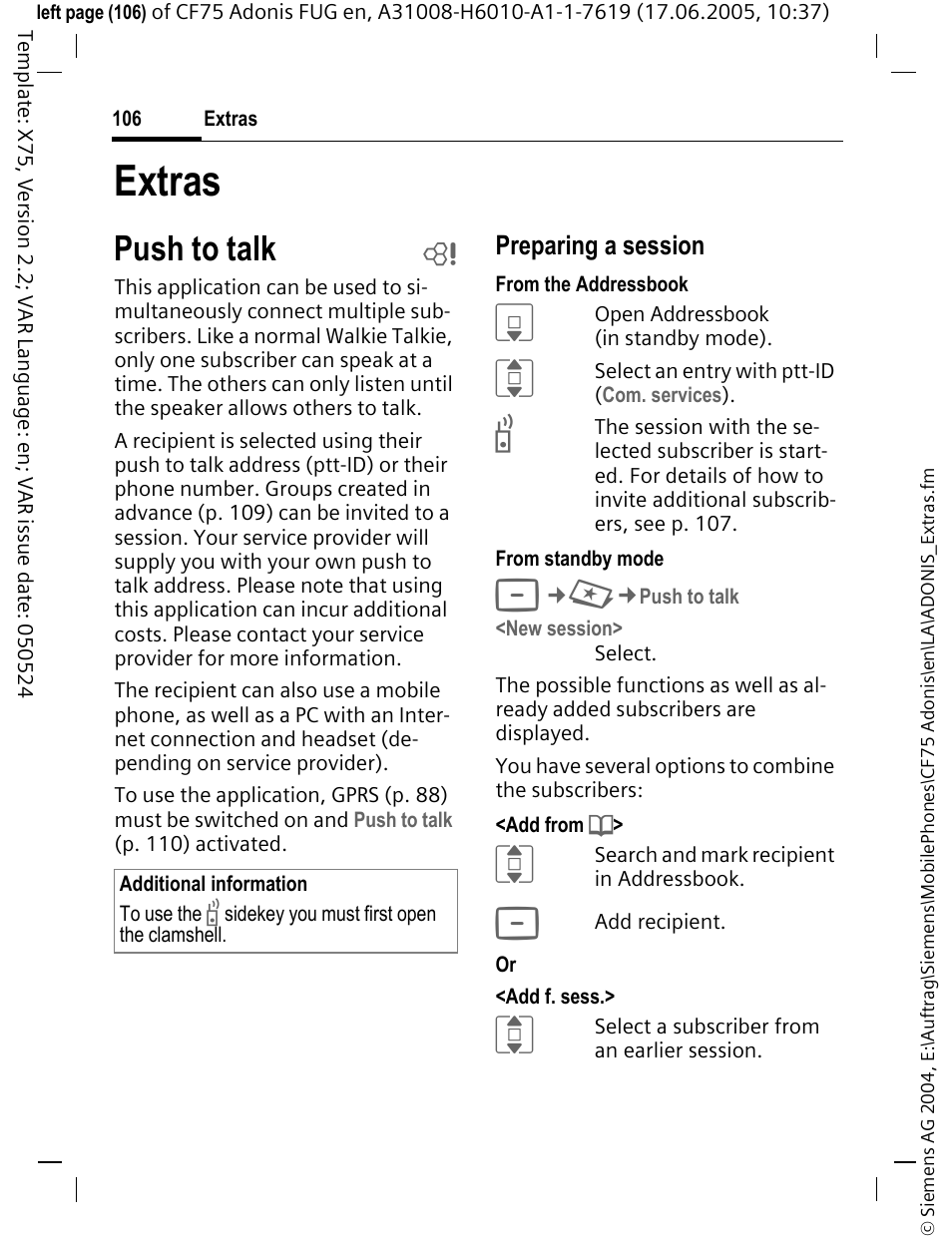 Extras, Push to talk b, Push to talk | Siemens CF75 User Manual | Page 107 / 150