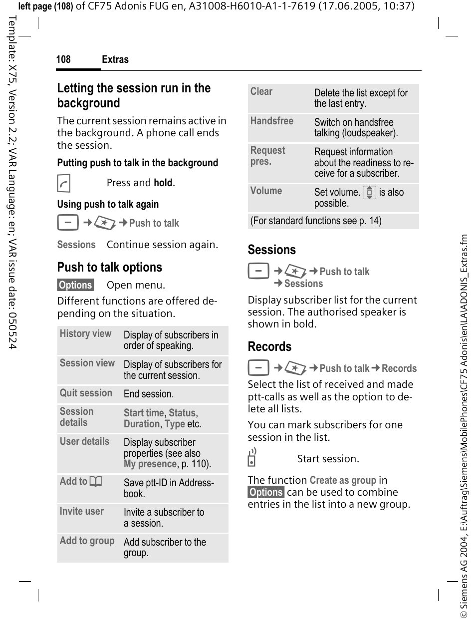 Letting the session run in the background, Push to talk options, Sessions | Records | Siemens CF75 User Manual | Page 109 / 150