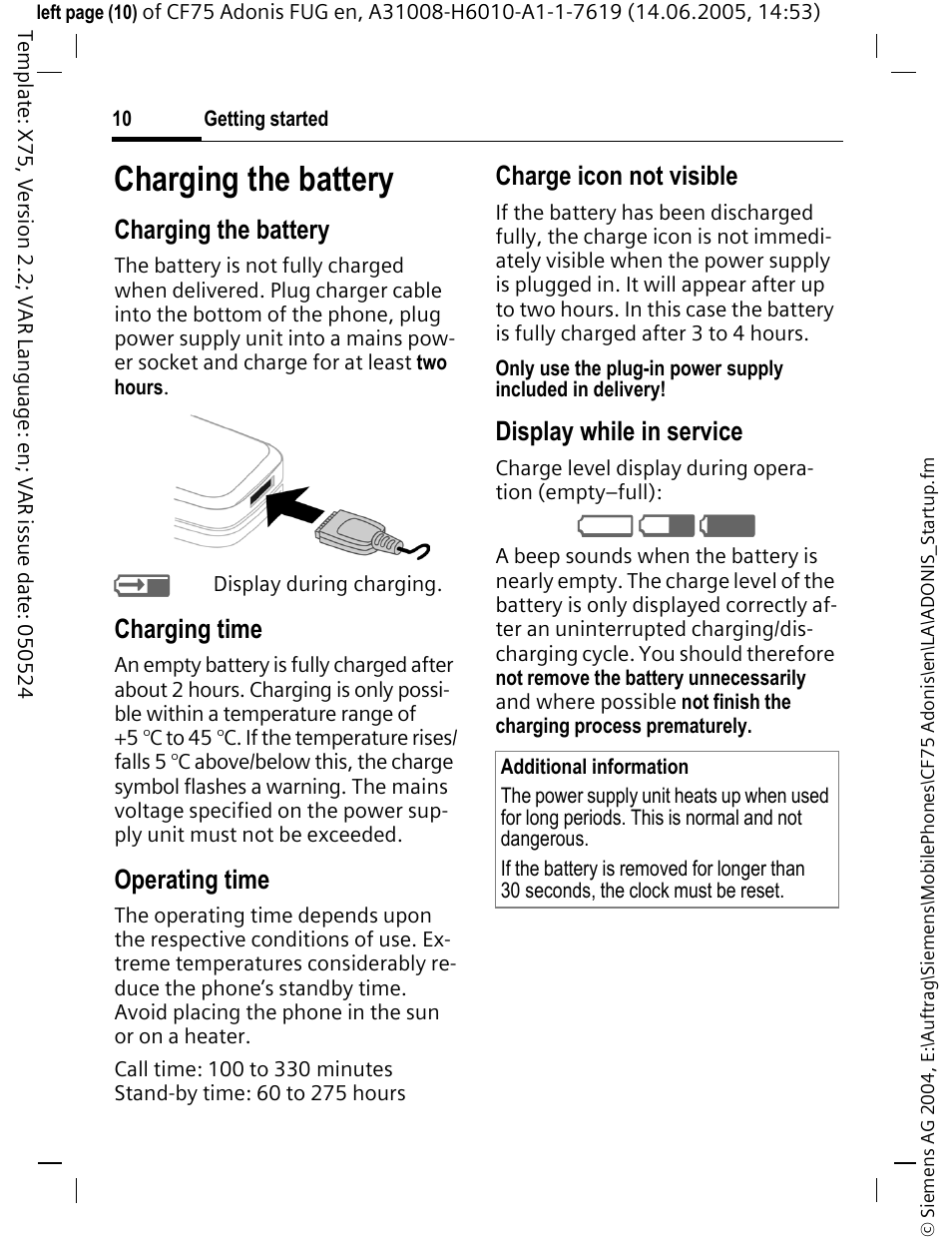 Charging the battery | Siemens CF75 User Manual | Page 11 / 150