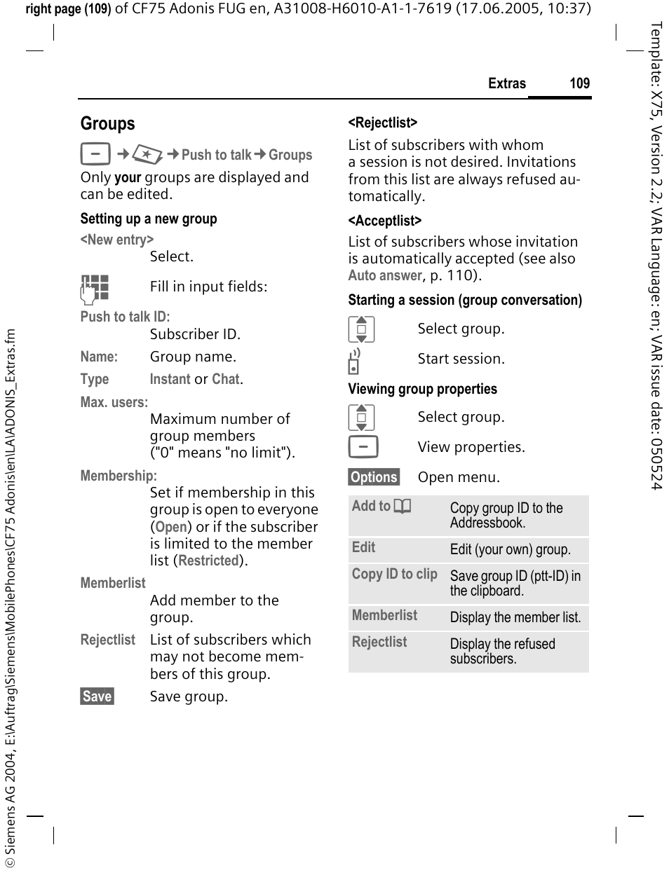 Advance (p. 109) can be invited to a, Groups | Siemens CF75 User Manual | Page 110 / 150