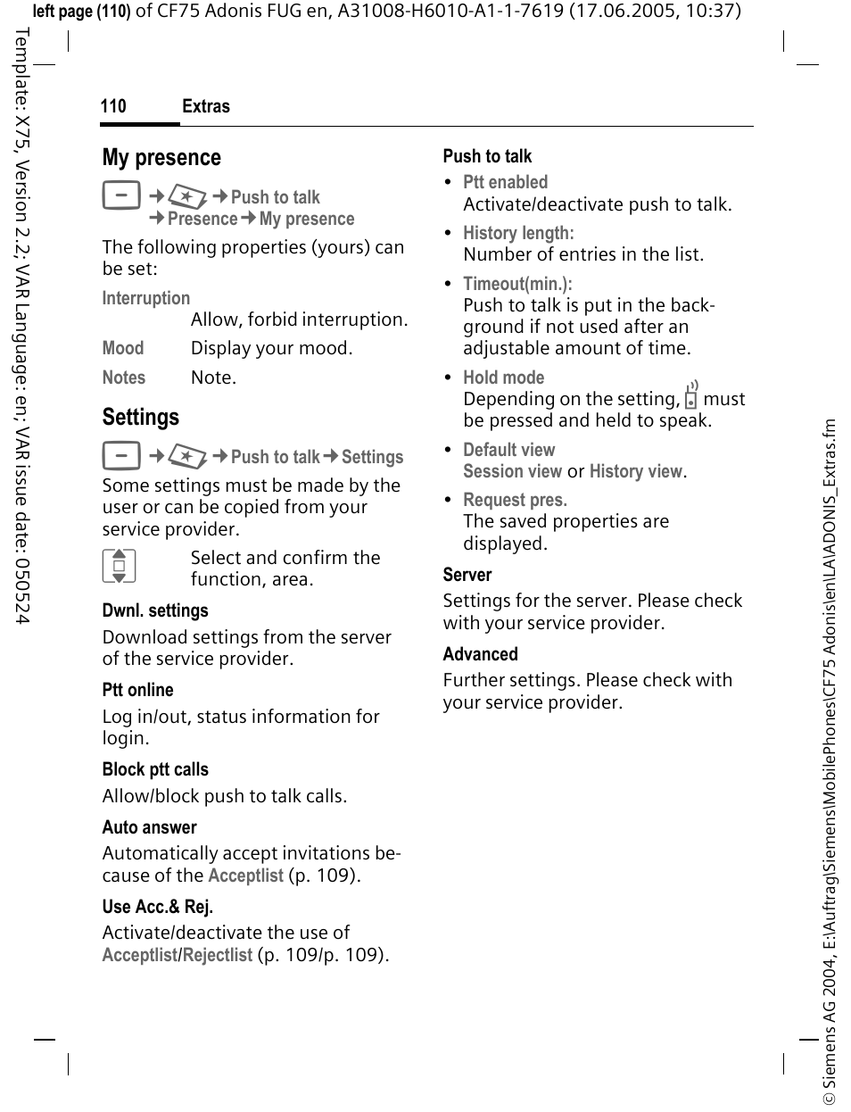 P. 110) activated, My presence, Settings | Siemens CF75 User Manual | Page 111 / 150