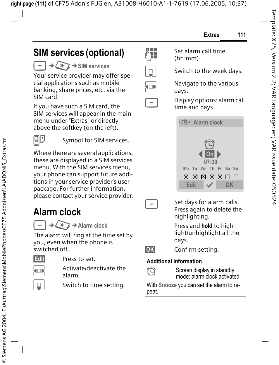 Sim services (optional), Alarm clock, Sim services | Optional) | Siemens CF75 User Manual | Page 112 / 150