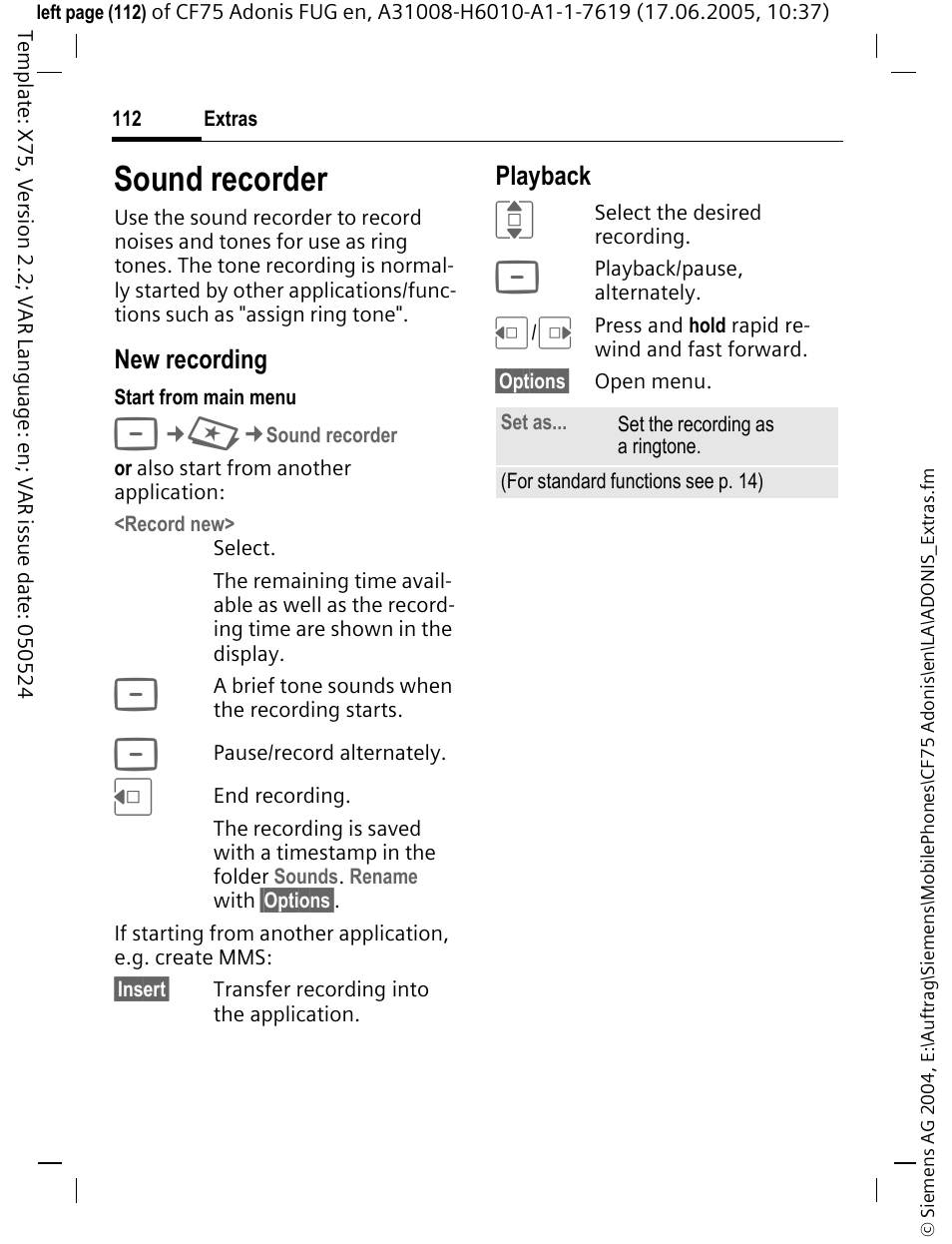 Sound recorder, Record tones (p. 112) | Siemens CF75 User Manual | Page 113 / 150