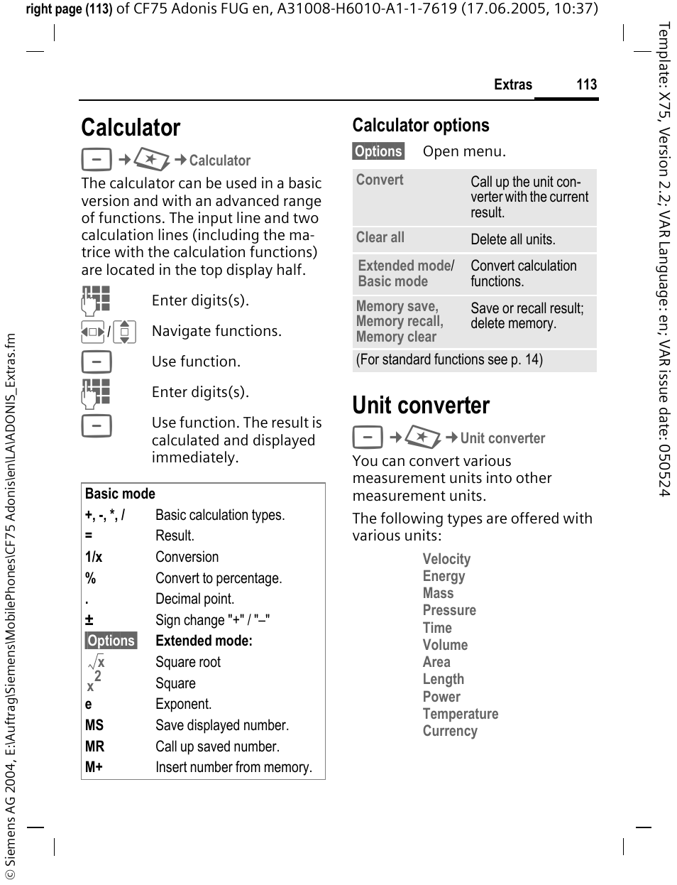 Calculator, Unit converter | Siemens CF75 User Manual | Page 114 / 150