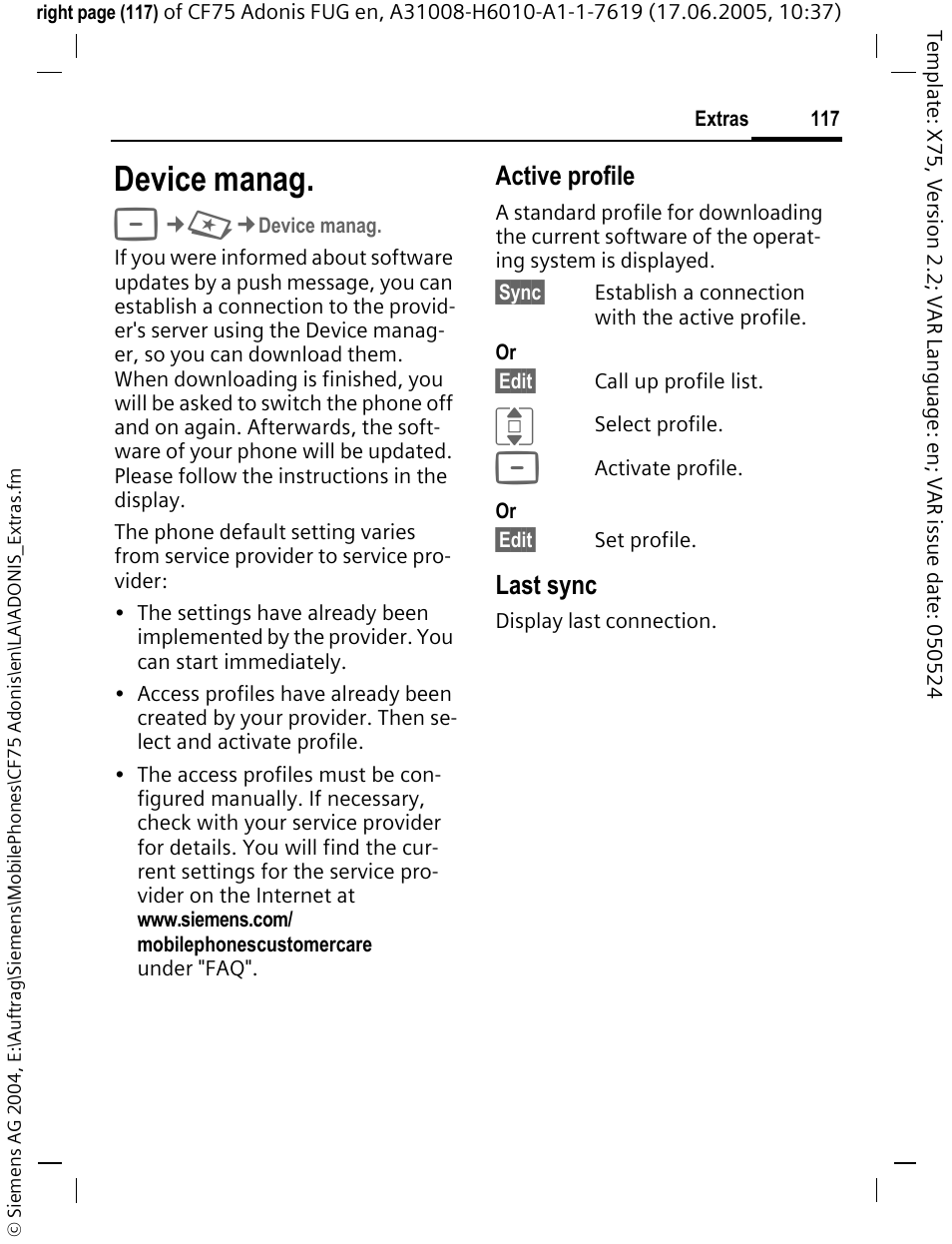 Device manag, Active profile, Last sync | Siemens CF75 User Manual | Page 118 / 150