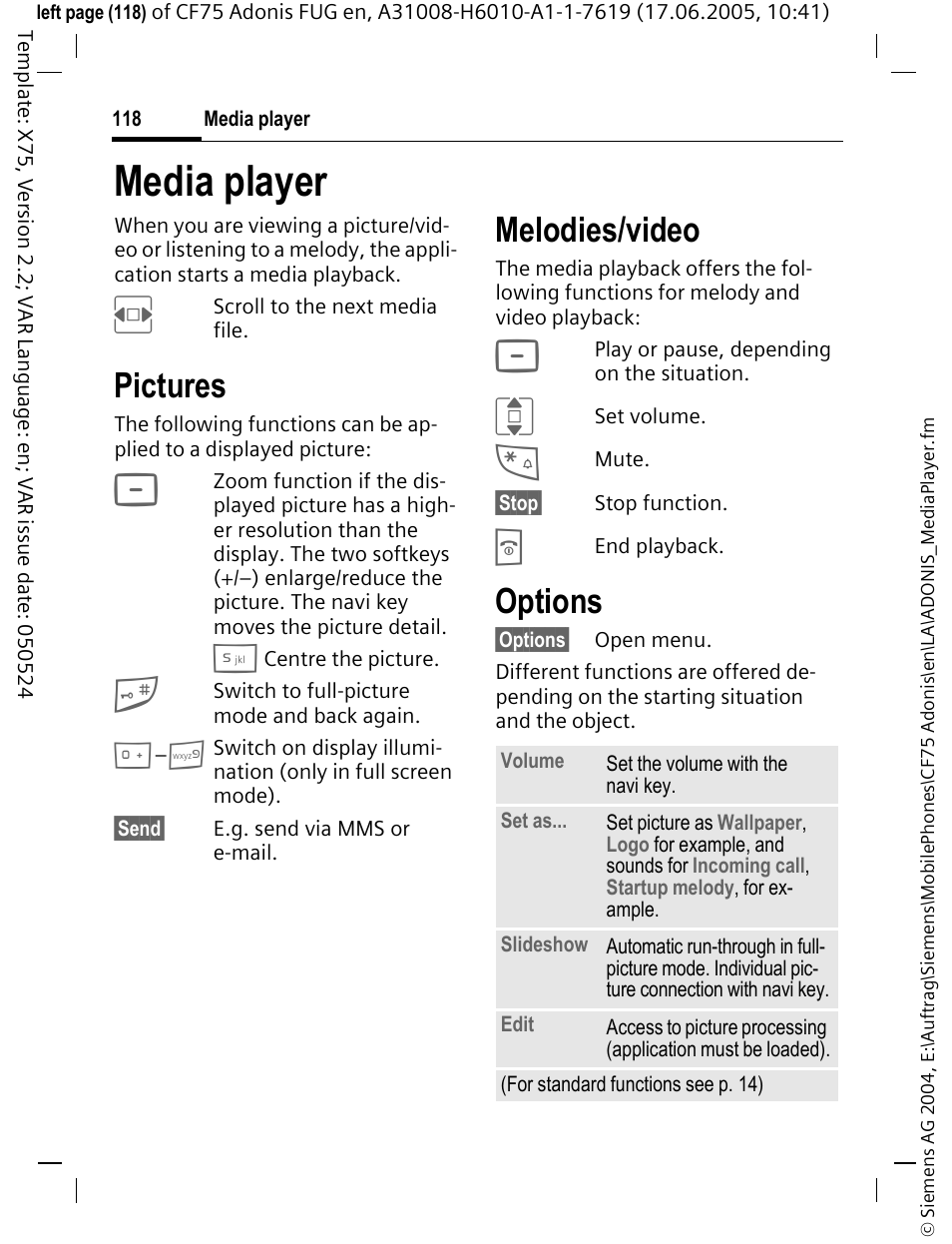 Media player, Pictures (p. 118), Pictures | Melodies/video, Options | Siemens CF75 User Manual | Page 119 / 150