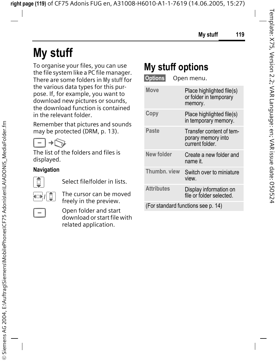 My stuff, P. 119), My stuff options | Siemens CF75 User Manual | Page 120 / 150