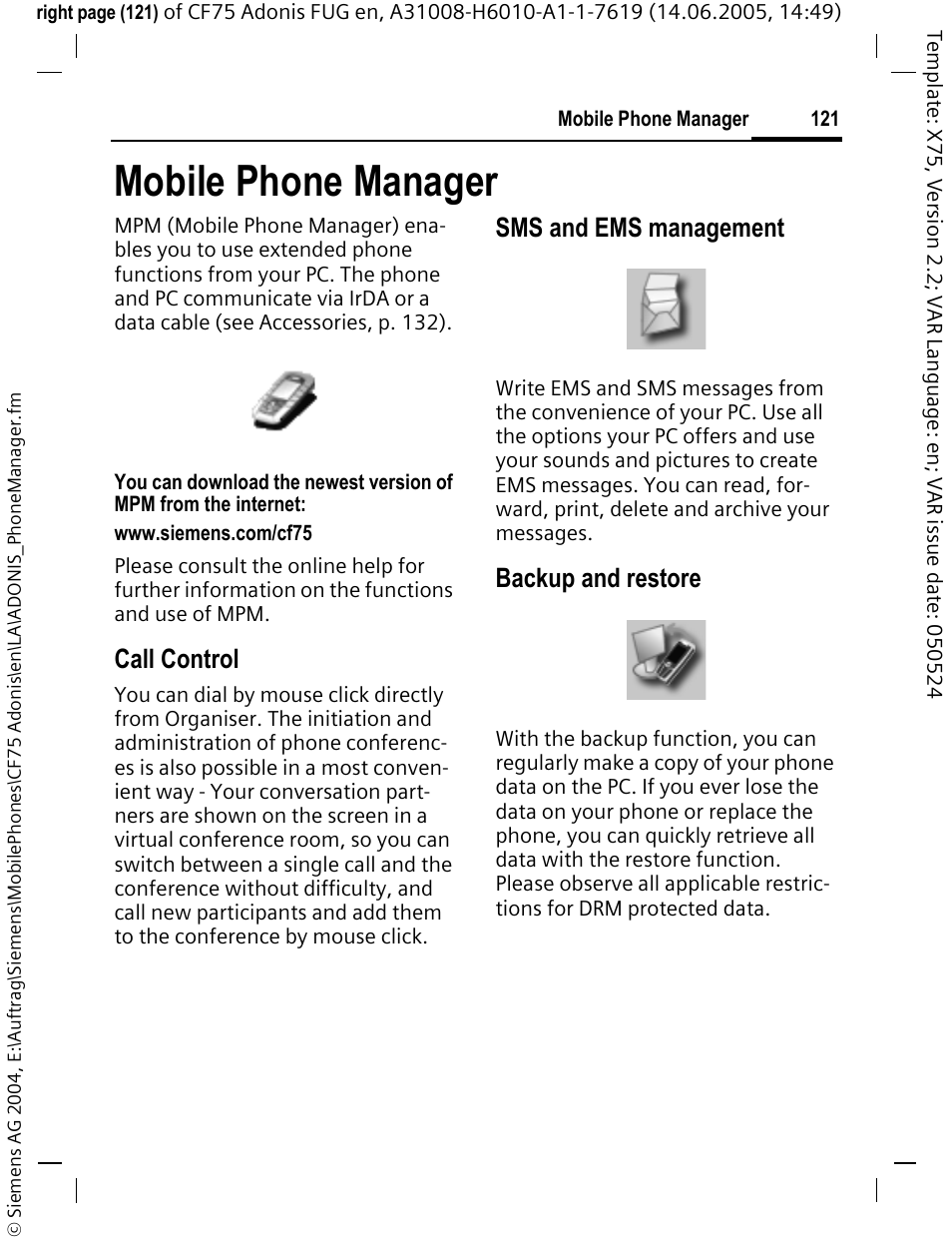 Mobile phone manager, P. 121) enables you to backup data, Manager, p. 121) makes it possible t | Call control, Sms and ems management, Backup and restore | Siemens CF75 User Manual | Page 122 / 150