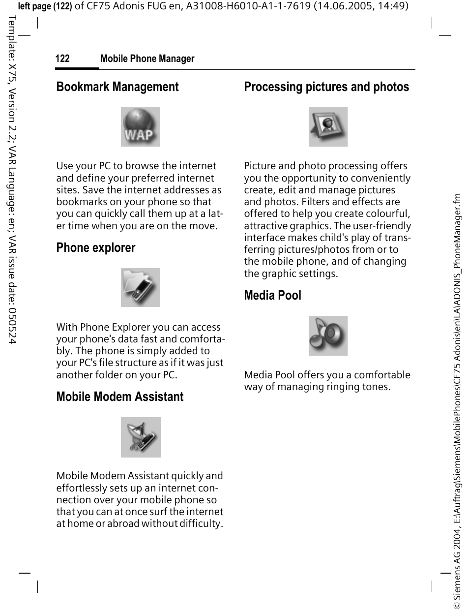 Bookmark management, Phone explorer, Mobile modem assistant | Processing pictures and photos, Media pool | Siemens CF75 User Manual | Page 123 / 150