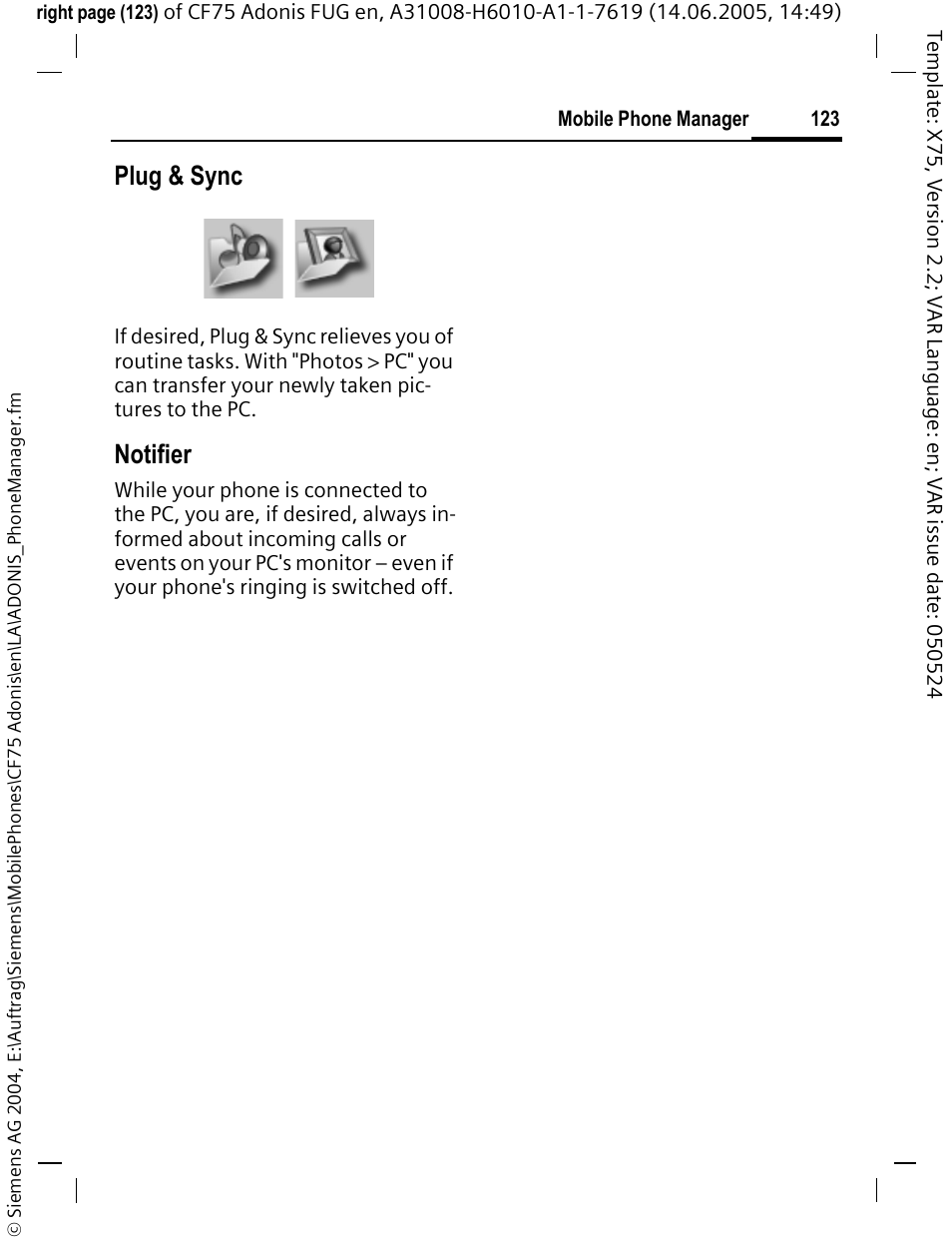 Plug & sync, Notifier | Siemens CF75 User Manual | Page 124 / 150