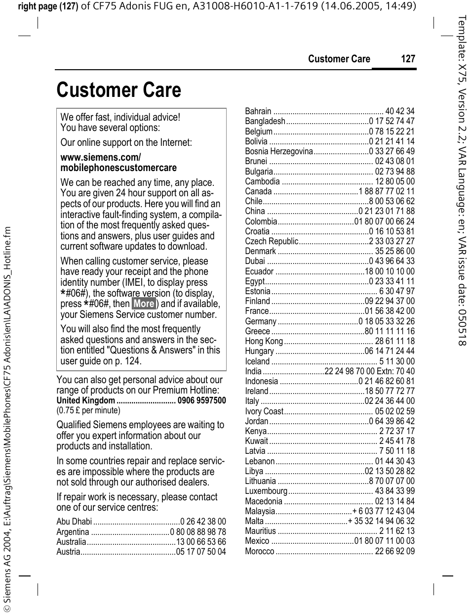 Customer care, P. 127), Contact siemens service (p. 127) | Siemens CF75 User Manual | Page 128 / 150